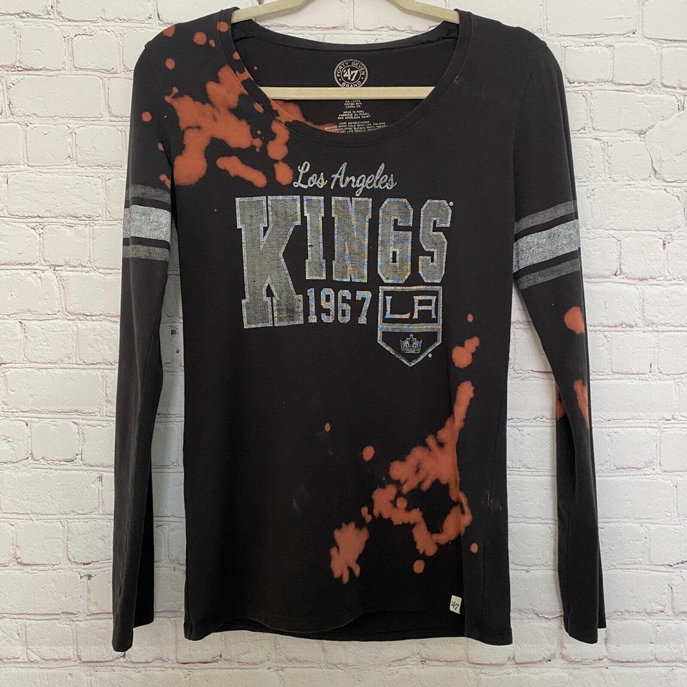 🌵 Los Angeles Kings Women's Gray LS Upcycled Bleached Distressed T-Shirt - Large